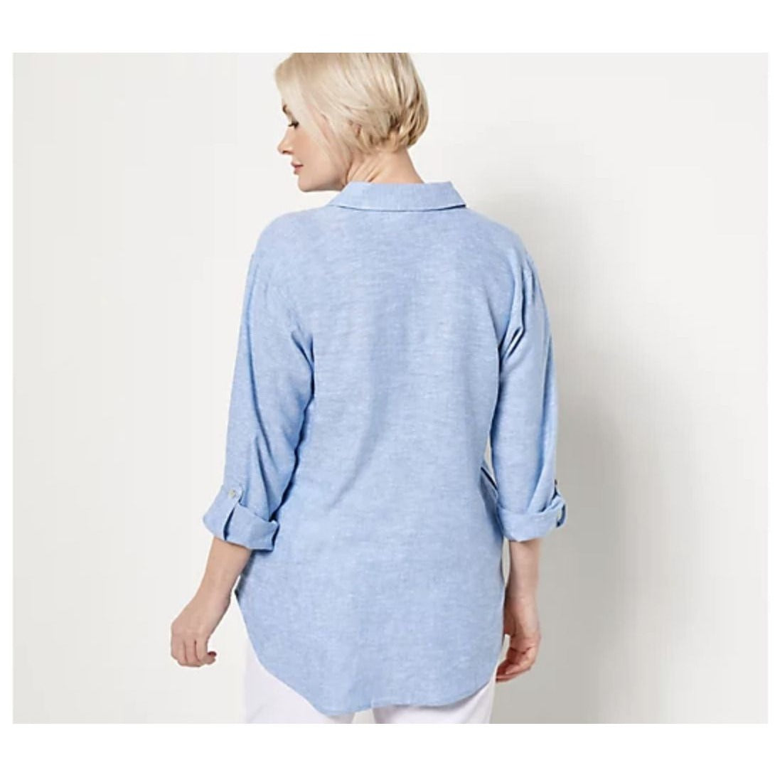 Susan Graver Pure Petite Cross-Dyed Linen Blend Shirt Wave Blue 3XP NWOT