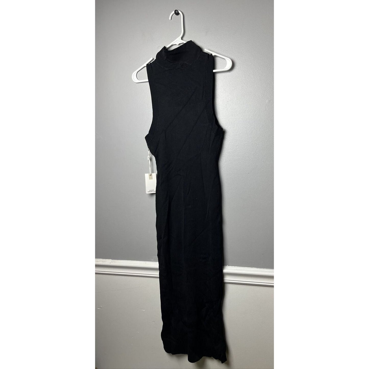 NWT - Good American Black Plaited Sleeveless Ribbed Mock Neck Midi Dress- Sz 3/4