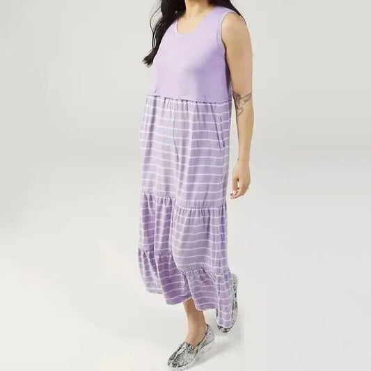 Cuddl Duds Flexwear Scoop-Neck Tiered Maxi Dress Purple Stripe Medium