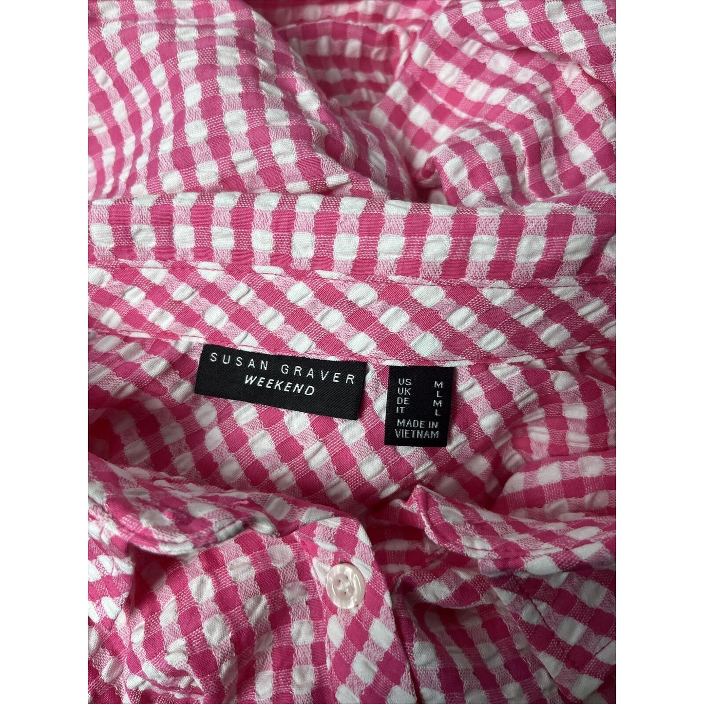 Susan Graver Weekend Yarn Dyed Check W/ Buttons Shirt Pink Size M