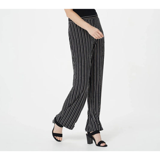 Susan Graver Regular Printed Liquid Knit Pull-On Pants - Black Stripe Petite S