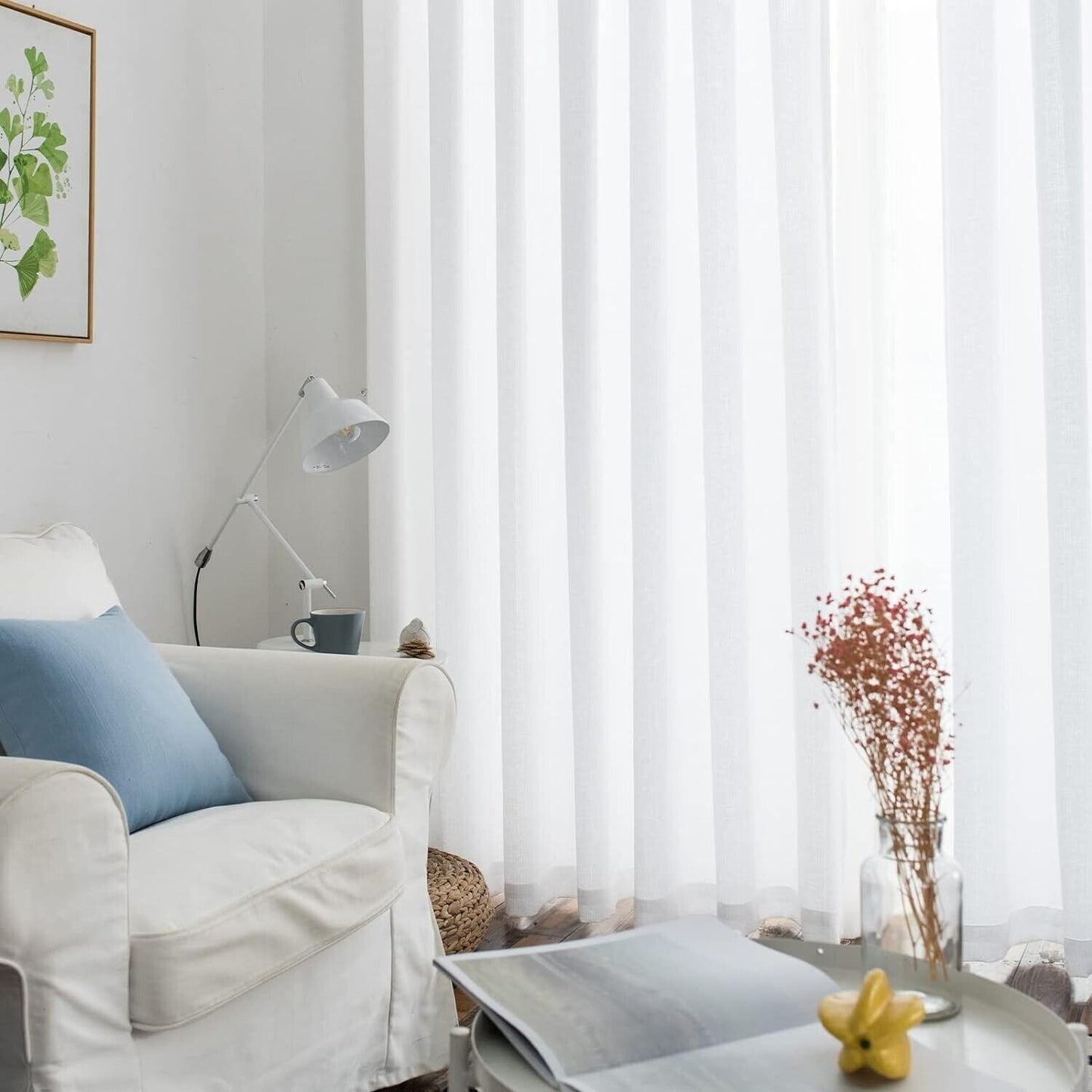 Melodieux White Semi Sheer Curtains for Living Room - Linen Look
