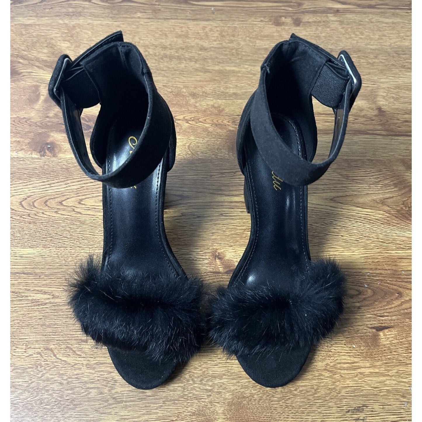 Jiu du Women's Faux Fur Heels Dress Sandals Open Toe Ankle Strap Size 6