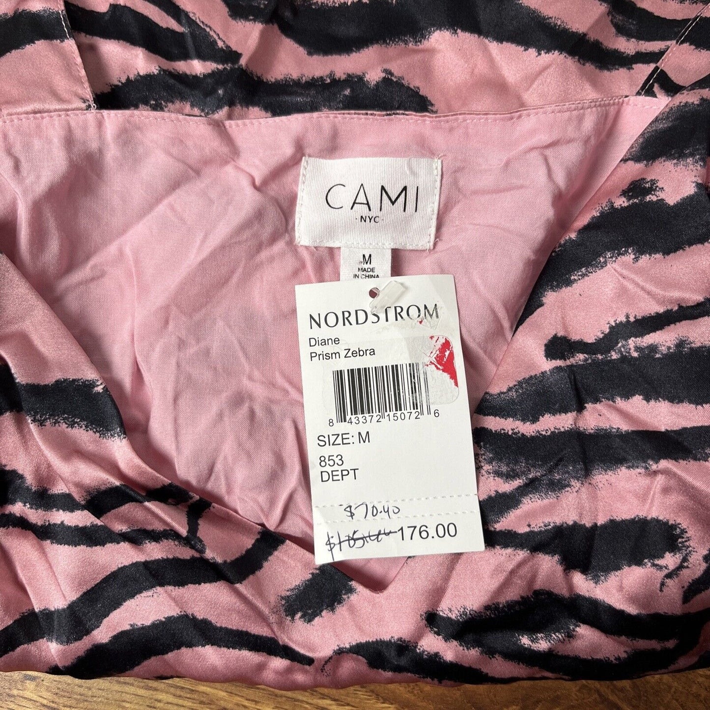 Cami NYC Womens M Pink Black The Diane Prism Zebra Silk Tank Top Blouse V Neck