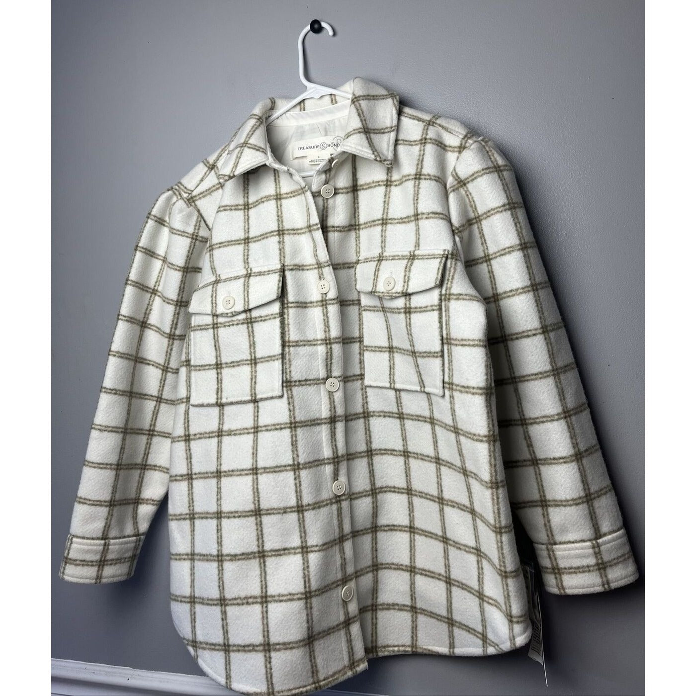 Treasure & Bond Plaid Puff Sleeve Shirt Jacket Ivory Plaid Button Up MSRP $129