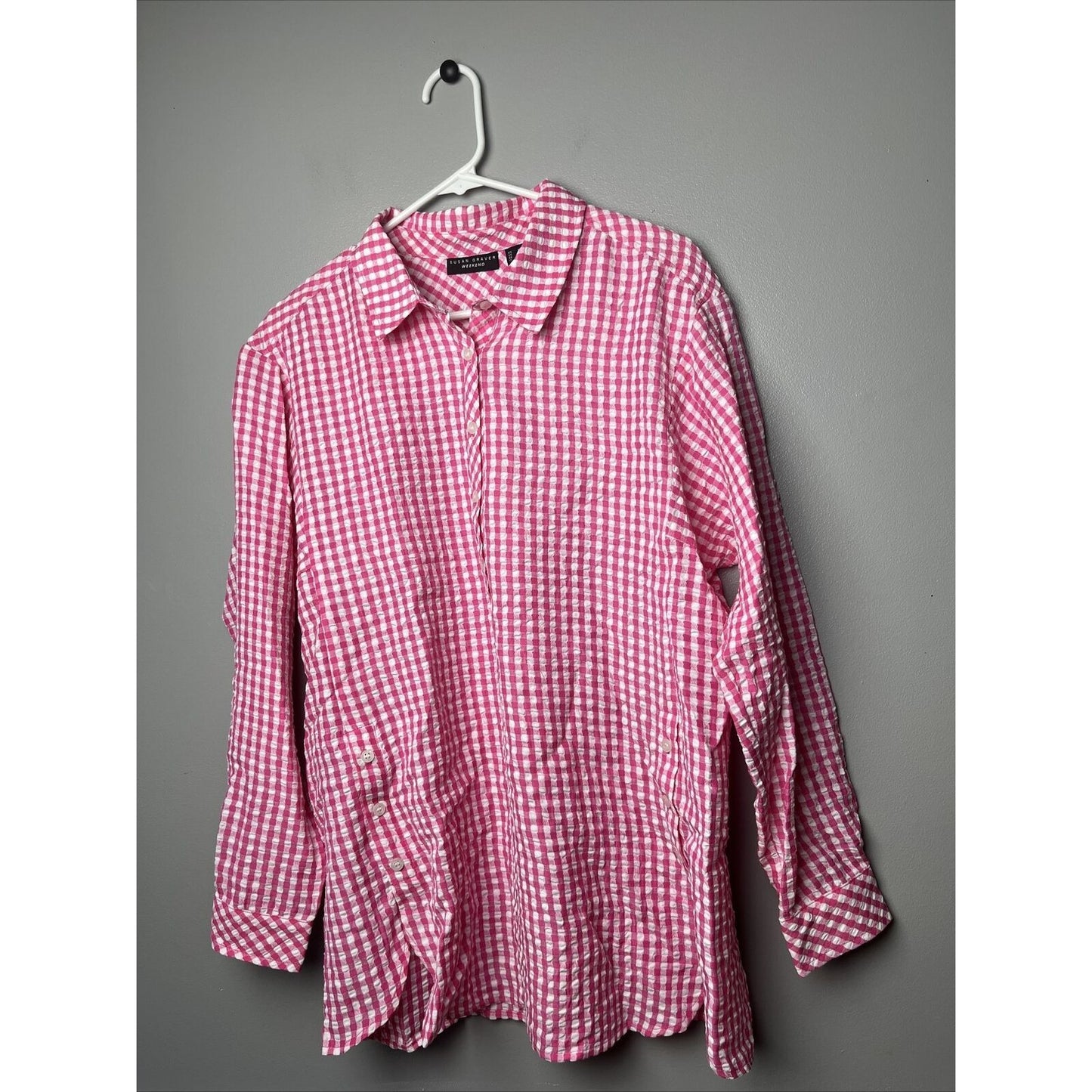 Susan Graver Weekend Yarn Dyed Check W/ Buttons Shirt Pink Size M