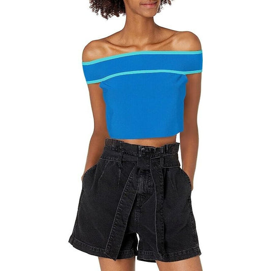 BCBGMAXAZRIA Women's Off The Shoulder Crop Sweater Top Size XL Color Blue