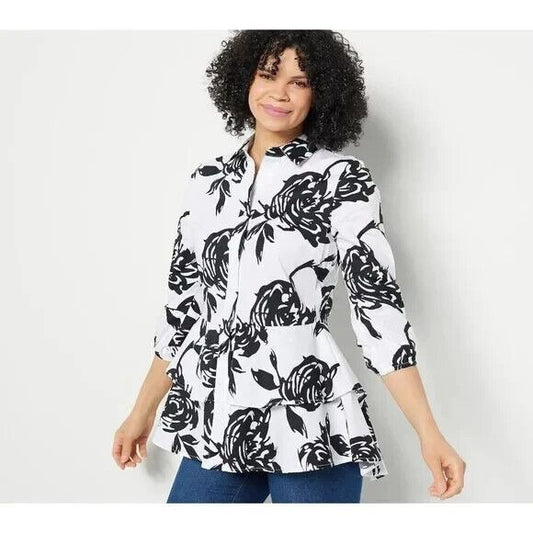 Truth + Style Printed Stretch Cotton Poplin Top Shirt Black White Small