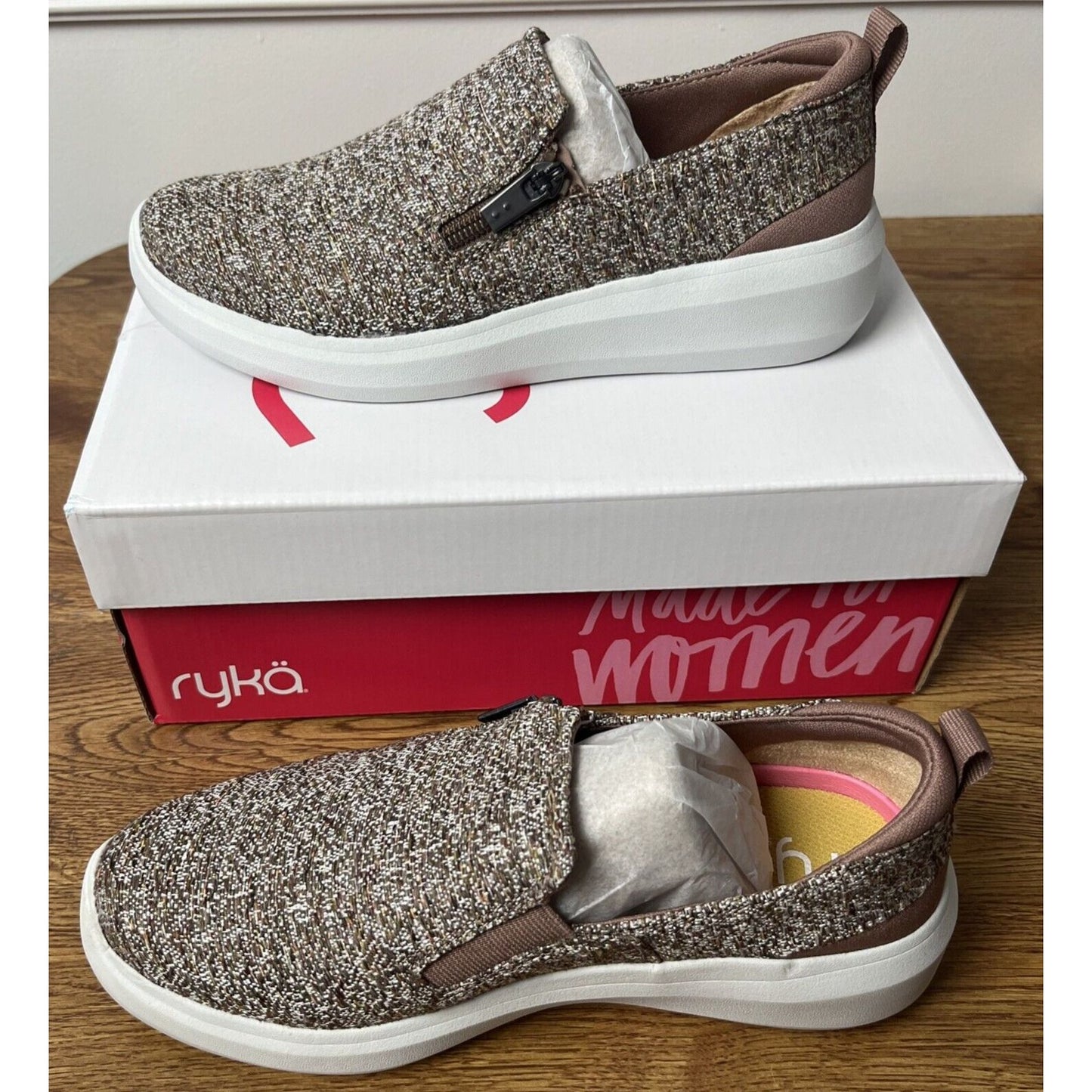 Ryka Women’s Slip-On Shoes with Zip Detail Ally Heathered Beaver Brown 5M NEW
