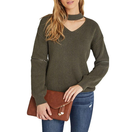 Vici Collection Women's Zip Sleeve Mock Neck Cotton Sweater In Dark Olive Small