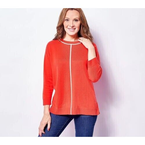 Isaac Mizrahi Live! Drop Shoulder Pullover w/ Contrast (Poppy Red, XS) A471739