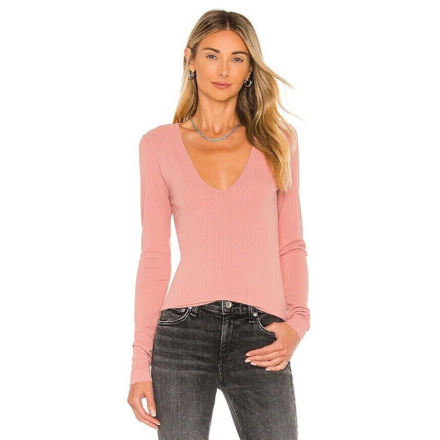 NEW rag & bone ZOE DEEP VEE RIB LONG SLEEVE TOP TEE MAUVE PINK SIZE XXS