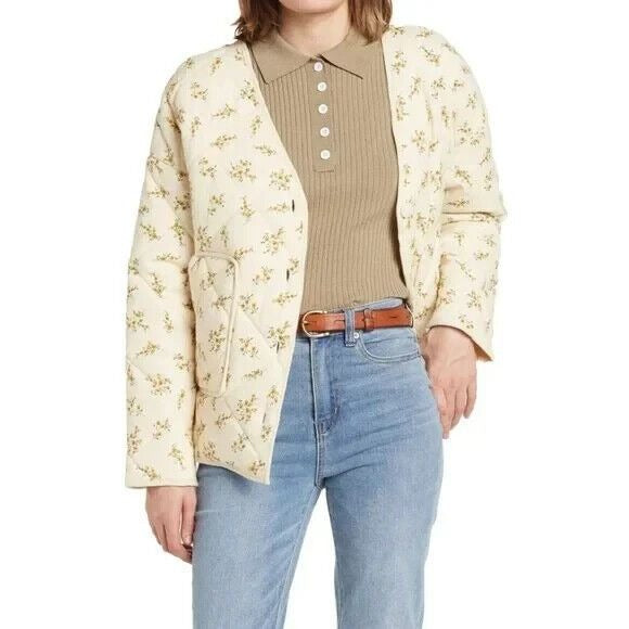 Elodie Jacket Medium Womens Ecru Floral Quilted V Neck Patch Pockets Size XL