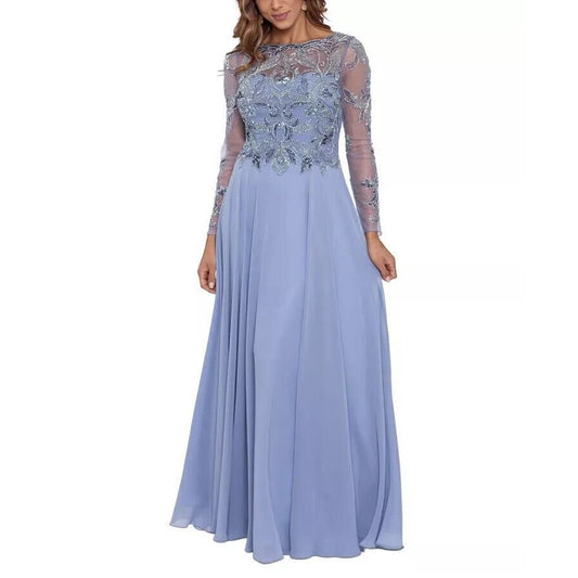 Xscape Petite Mesh - Sleeve Embellished Gown Dress - Dusty Blue - 16P - New