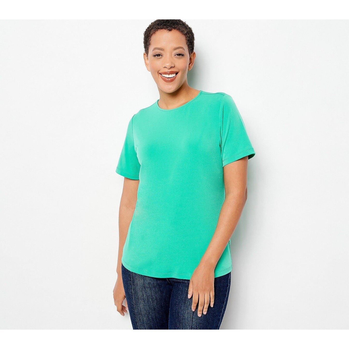 Susan Graver Essentials Liquid Knit Short Sleeve Top (Jade, Large) A213552