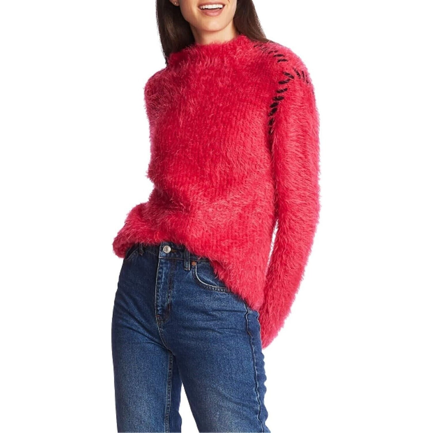 1.STATE Women's Whipstitch Eyelash Sweater Pink Size Medium
