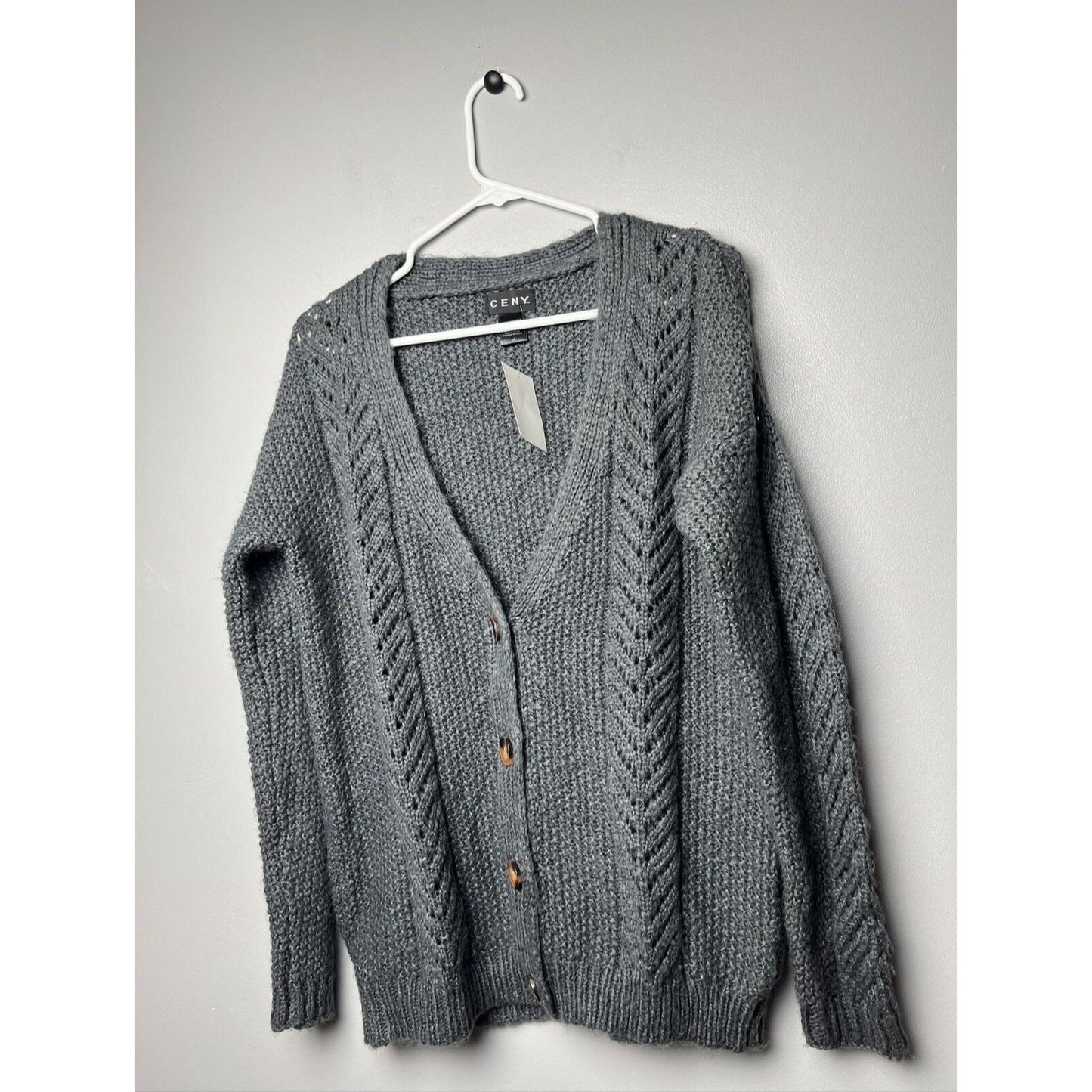 CENY Women's Mix Cable Grandpa Knit Cardigan Sweater In Dark Charcoal Size M