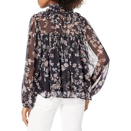 French Connection Diana Ruffled Floral Long Sleeve Blouse Size Large Color Blue