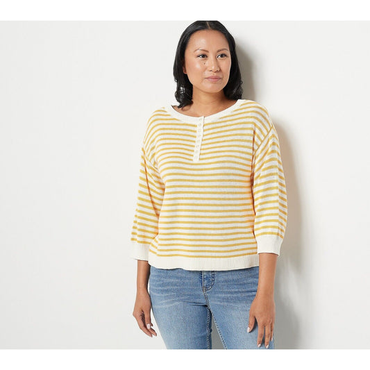 Candace Cameron Bure Soft Boatneck Half Placket Sweater- Amber Stripe, 4X