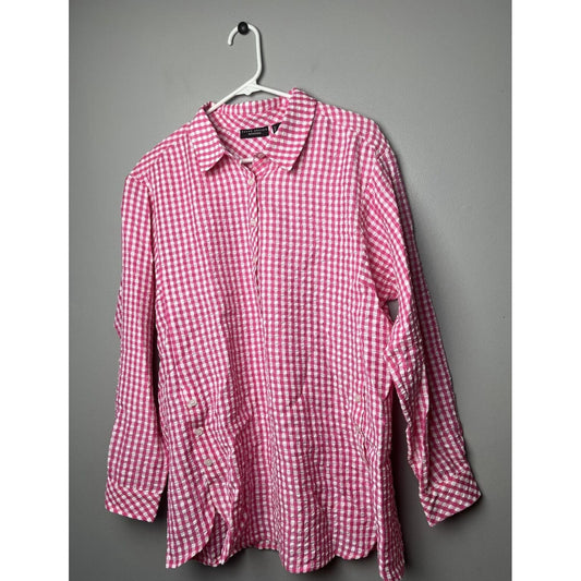 Susan Graver Weekend Yarn Dyed Check W/ Buttons Shirt Pink Size M