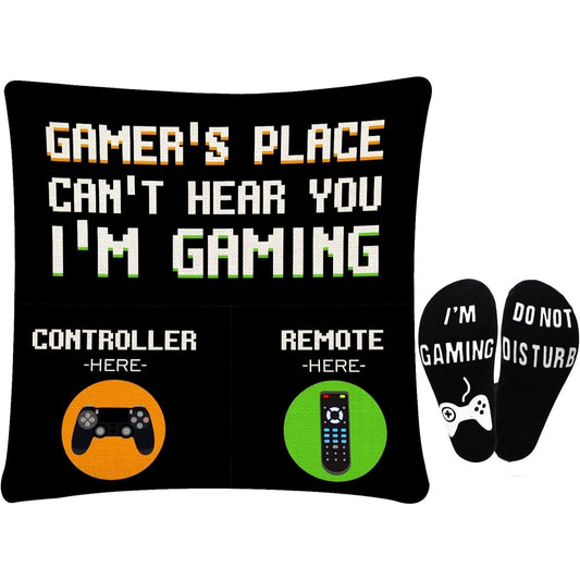 Gamer Gifts, Pocket Design Throw Pillow Covers 18 X 18 Inch + Gamer Socks, Gamin