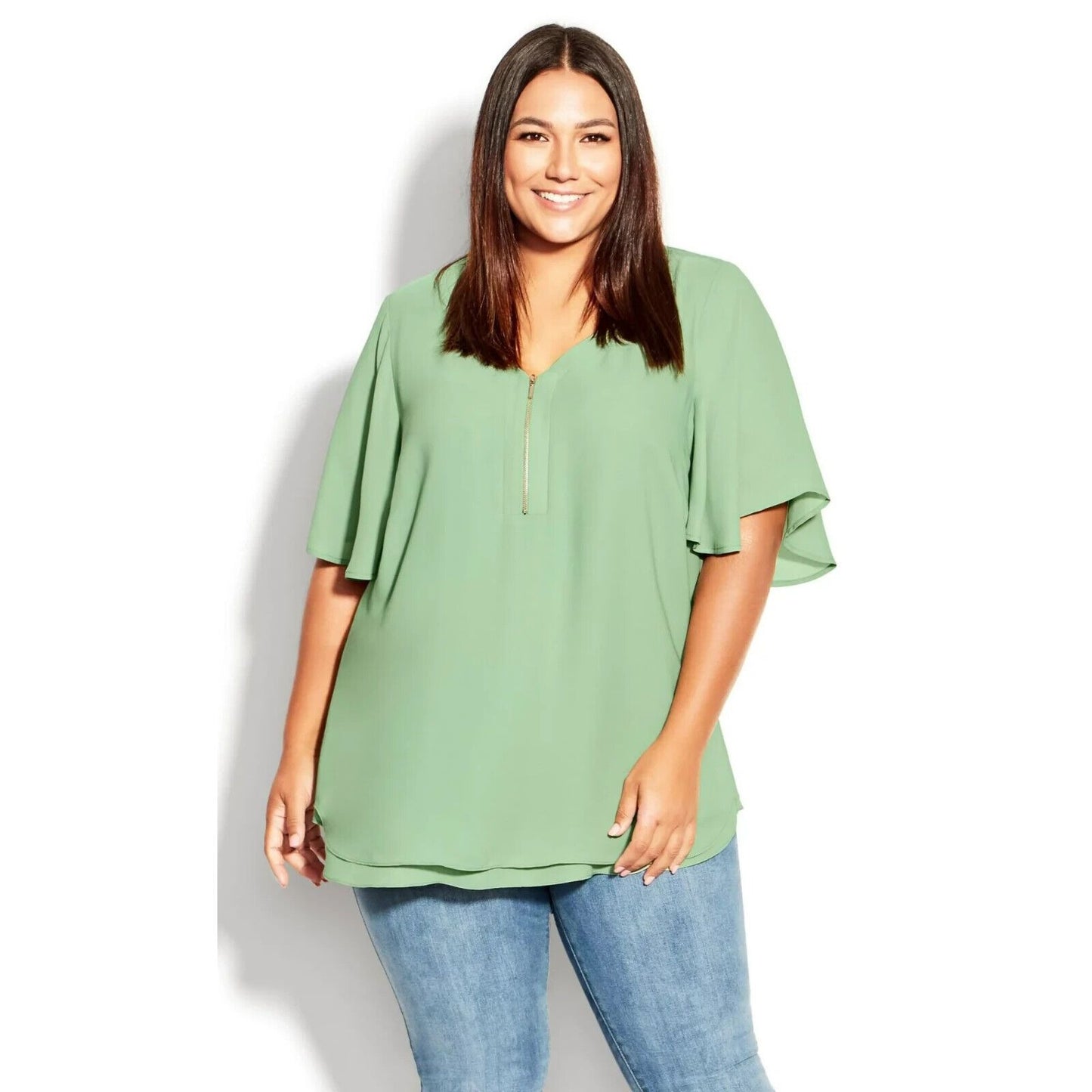 Avenue Women's Top Melina Flutter Top Blouse 1/4 Zip Sage Plus Size 20 New Tags