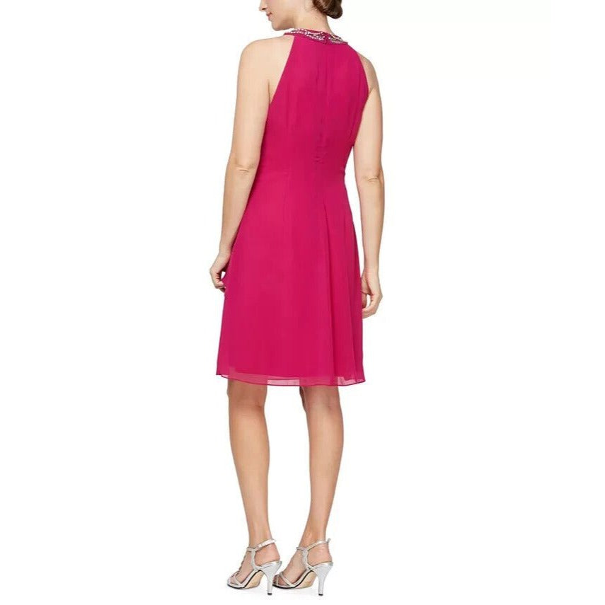 NWT SLNY SL Fashions Chiffon Halter Petite Dress Size 12P Fuchsia Pink