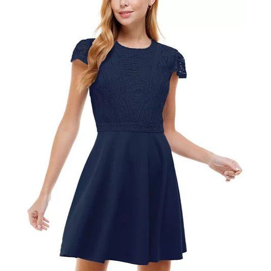 CITY STUDIO Juniors Cap Sleeve Crew Neck Short Fit + Flare Dress Size 0 Navy