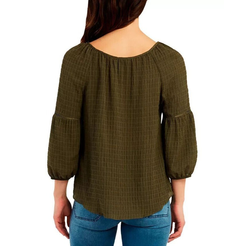 BCX Junior's Puckered Blouse Round Neckline 3/4 Bubble Sleeve Olive Green Large