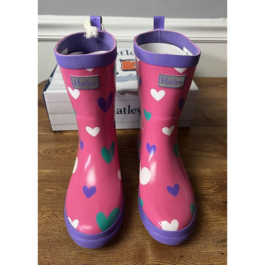 Hatley Big Girls Size 2 Sweet Hearts Pull On Print Rubber Rain Boots New