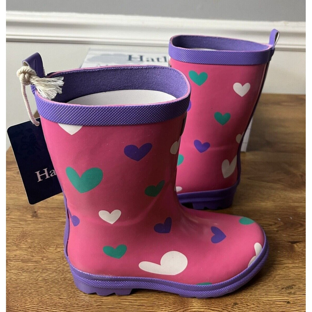 Hatley Big Girls Size 2 Sweet Hearts Pull On Print Rubber Rain Boots New