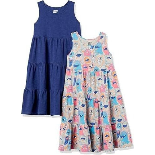 2- Amazon Essentials Girls Knit Sleeveless Tiered Dresses Size Small (6-7)