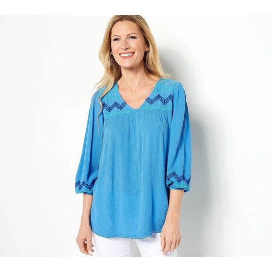 Susan Graver Pure Crinkled Gauze Embroidered Tunic (Blue/Aqua, Small) A501365