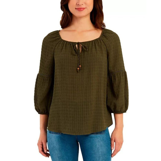 BCX Junior's Puckered Blouse Round Neckline 3/4 Bubble Sleeve Olive Green Large