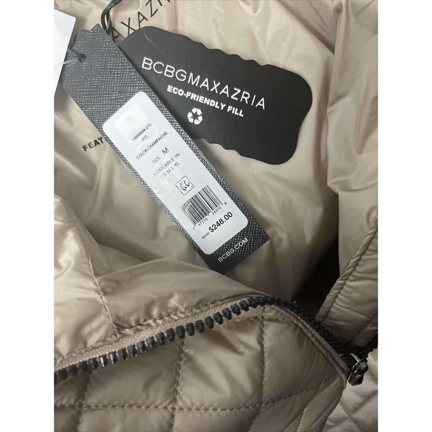 BCBGMAXAZRIA Quilted Hooded Zip Front Jacket Women's Medium $248 Champagne