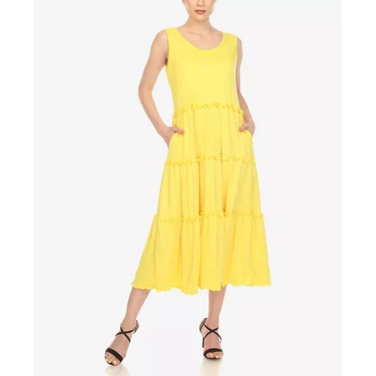 White Mark Women's Scoop Neck Tiered Midi Dress Size L Color Yellow *NWT