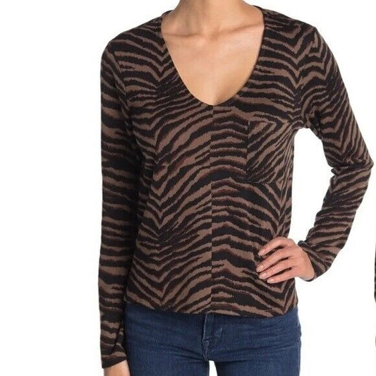 NWT SANCTUARY V-neck Cozy Pocket Sleeve Top In Brown Zebra Size XS