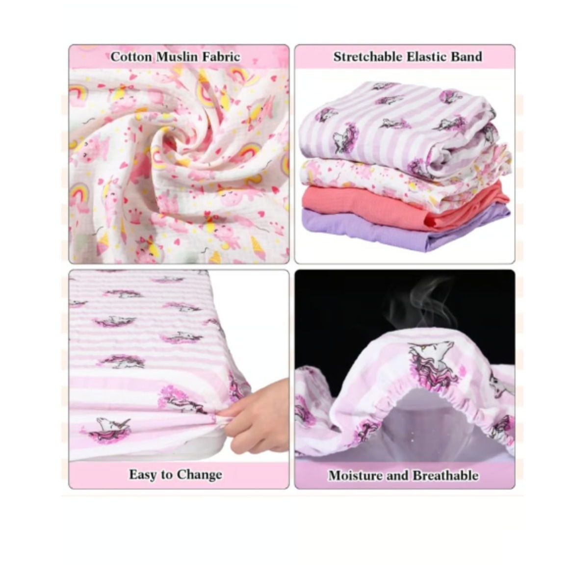 New Preboun Set Of 4 Fitted Natural Muslin Crib Sheets  28 X 52 Inches Unicorn