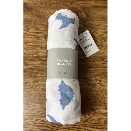 Nordstrom Swaddle Baby Blanket Cotton Muslin White Blue Dinos One Size New