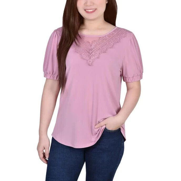 Petite Size Short Puff Sleeve Top With Lace Size PL