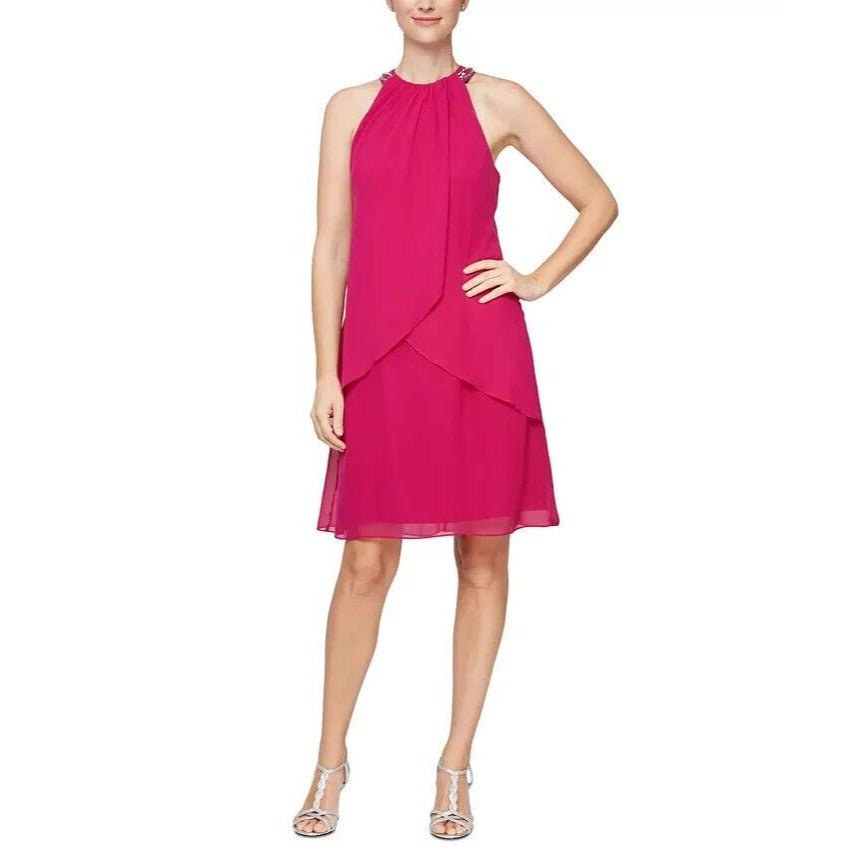 NWT SLNY SL Fashions Chiffon Halter Petite Dress Size 12P Fuchsia Pink