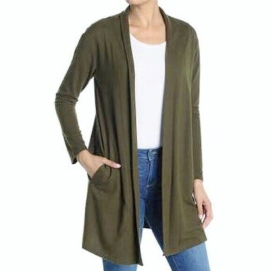 New Melloday Size XS Olive Green Open Front Butter Soft Long Cardigan