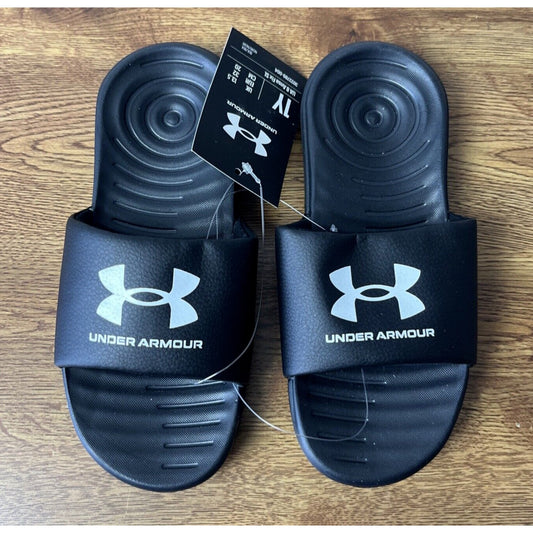 NWT Under Armour UA Ansa Fixed Slides Sandals Black - Boys Size 1Y