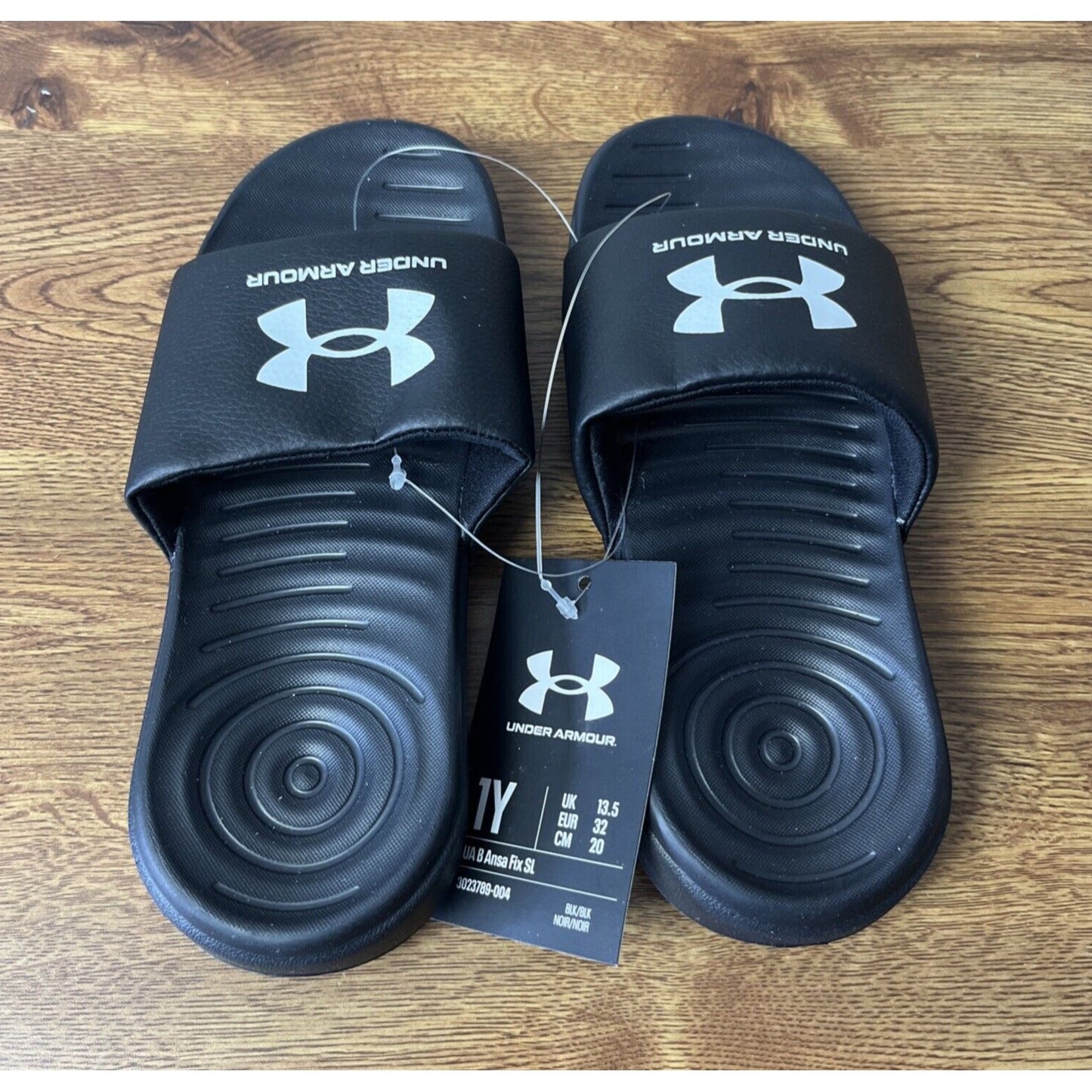 NWT Under Armour UA Ansa Fixed Slides Sandals Black - Boys Size 1Y