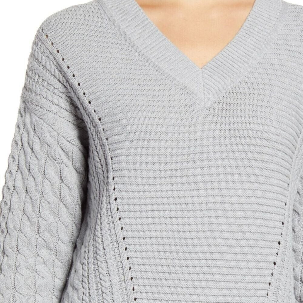 Caslon Cable V-Neck Pointelle Sweater Size XL Grey NWT