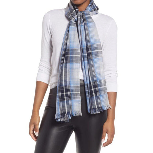 Nordstrom 100% Wool Scarf Plaid Blue Gray Black Soft One Size NEW