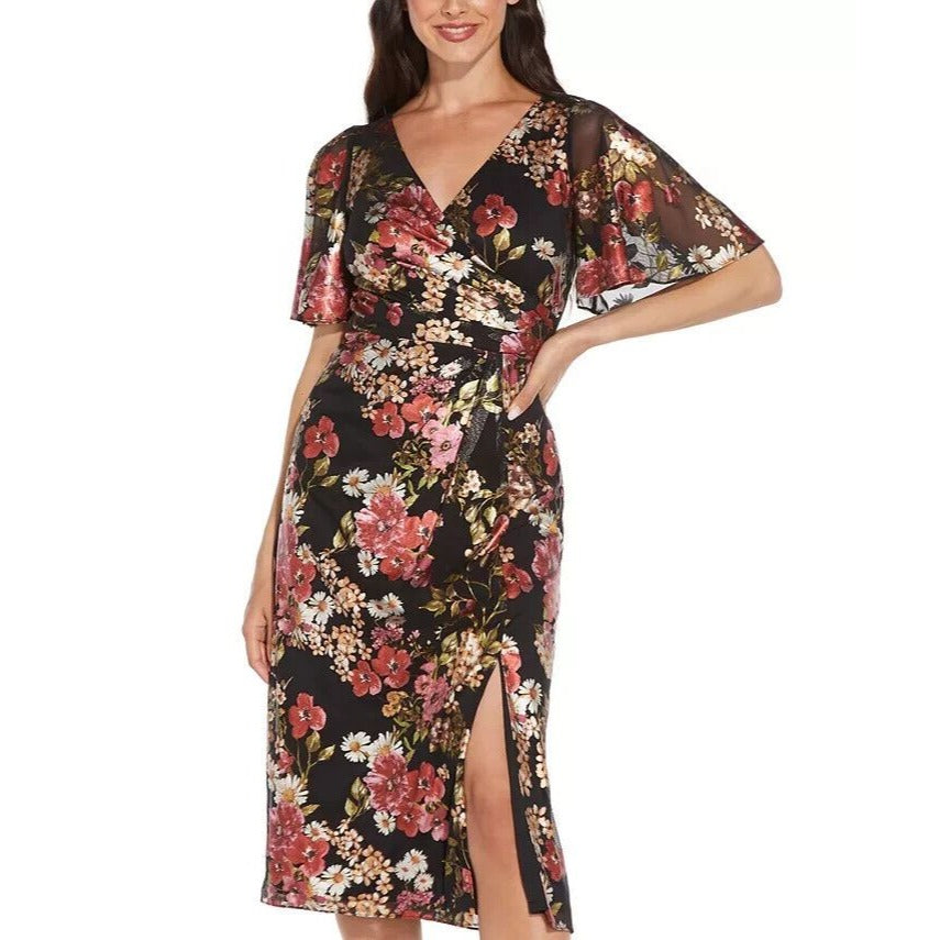 ADRIANNA PAPELL Floral-Print Metallic Flutter-Sleeve Dress Size 8