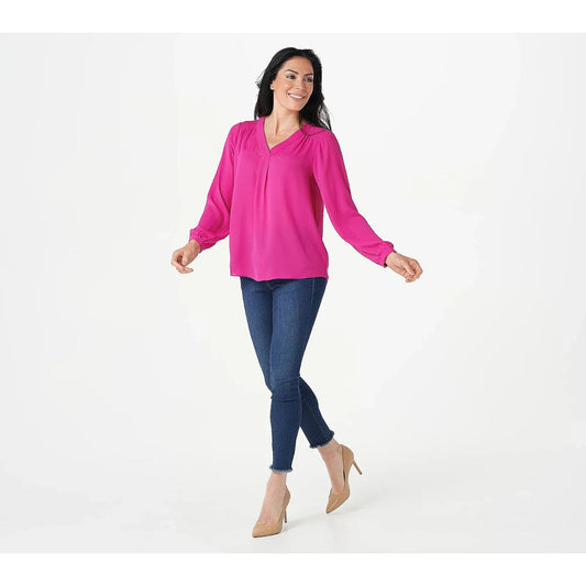 Belle by Kim Gravel Long-Sleeve V-Neck Blouse Pink Large A382364