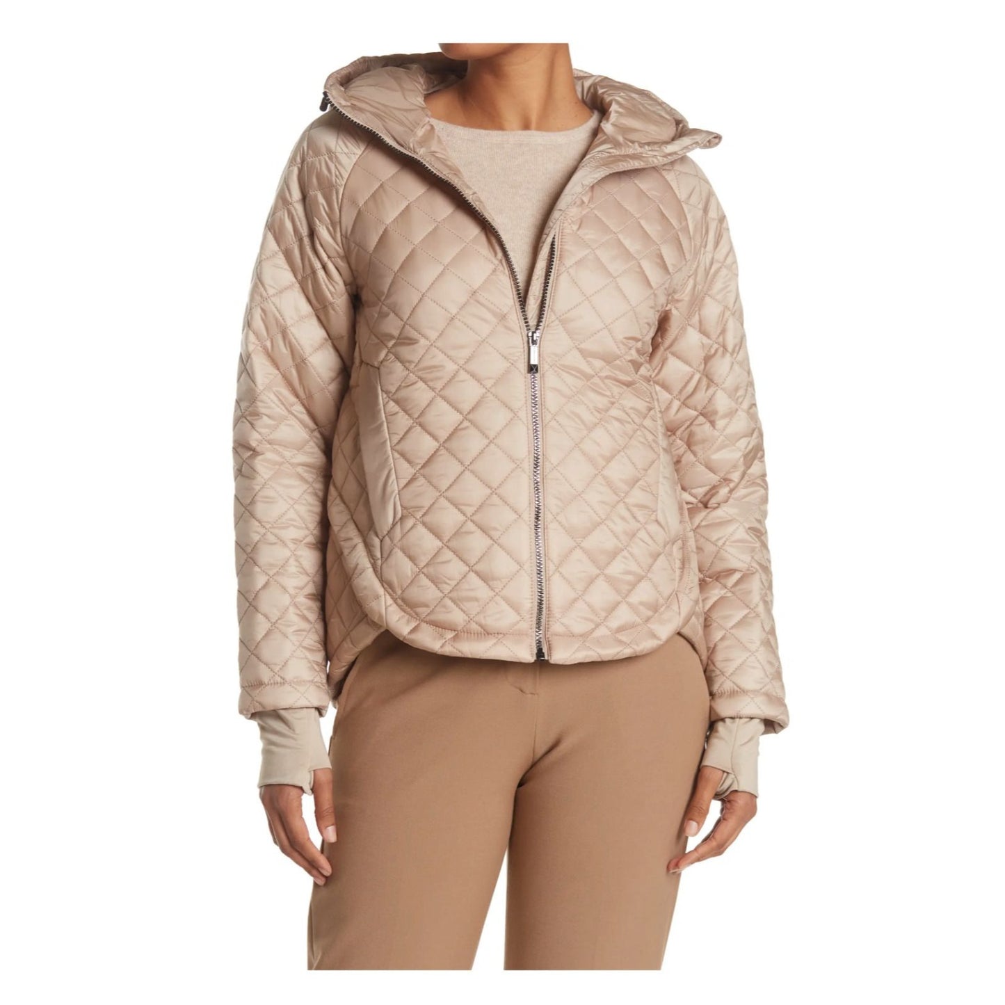 BCBGMAXAZRIA Quilted Hooded Zip Front Jacket Women's Medium $248 Champagne