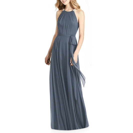 Jenny Packham Womens Size 12 Luxe Chiffon Halter Gown Beaded Shirred Dress